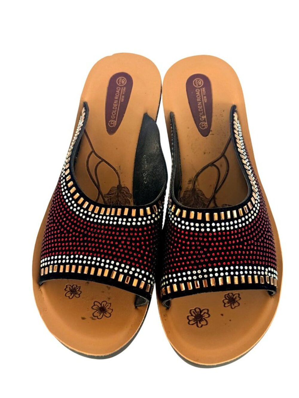 Golden Road Rhinestone Embellished Slide Wedge Sandals Size 8.5 Black Gold Red